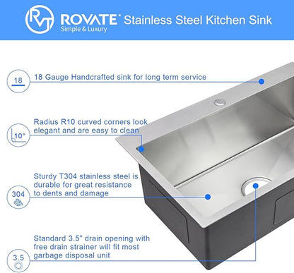 ROVATE 26 ×18 inches Drop-in Kitchen Sink Single Bowl 304 Stainless Steel, Handmade 9 Inches Deep Topmount Kitchen Sink with 1 Hole