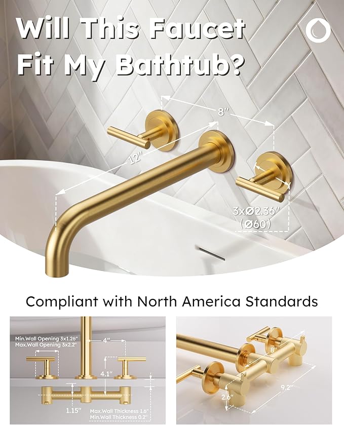 WOWOW Wall Mount Tub Filler: Gold Tub Faucet High Flow Two Handles Solid Brass, Long Spout Reach,Tub Faucet Bathroom Bathtub Faucets with 2 Handles Tub Faucets with Brass Rough in Valve Included