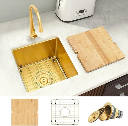 Gold Bar Sink Undermount,Small Bar & Prep Sinks,16 gauge Stainless Steel Bar Sink with Workstation for Wet Bar Area (17" X 19")