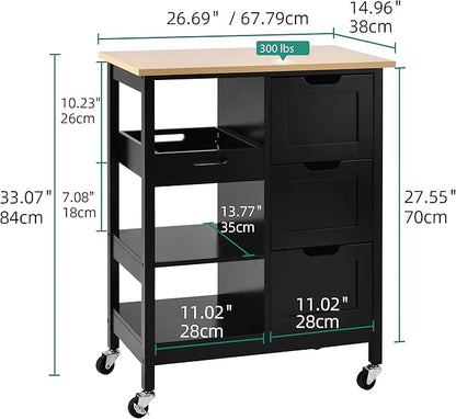 YITAHOME Kitchen Island with Storage, Kitchen Cart for Home, Rolling Serving Utility Trolley Cart on Wheel with 3 Drawers and 3 Storage Shelves, Kitchen Serving Cart for Dining Room, Bar, Black