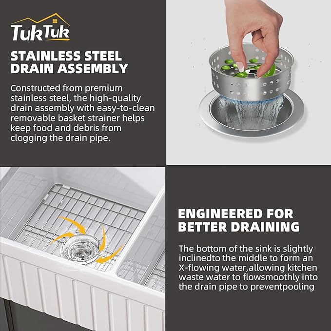 TUKTUK Farmhouse Sink 33 x 18 Inch 50/50 Fireclay Apron Front Farm House White Kitchen Sink Double Bowl Undermount Reversible Heavy Duty Porcelain Kitchen Basin with Modern Accessory Kit