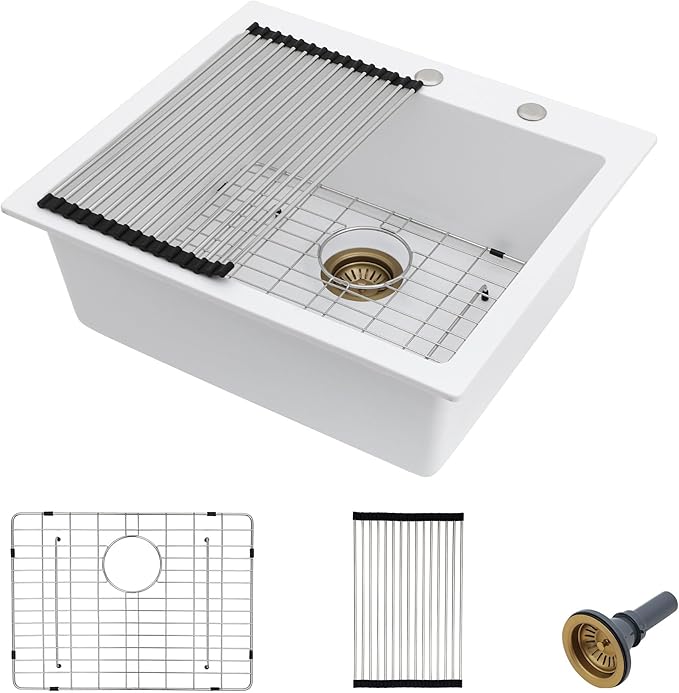 25"×22" Granite Composite Kitchen Sink - White Granite Kitchen Sink Drop In Top Mount Quartz Classic Above Counter Single Bowl Basin