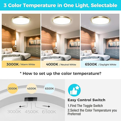 zemty 6Pack 6.5Inch LED Ceiling Lights Gold, 12W 1200lm Small Flush Mount Light Fixture, 3000K/ 4000K/ 6500K Round Flat Recessed Ceiling Lights for Kitchen, Closet, Hallway,Pantry