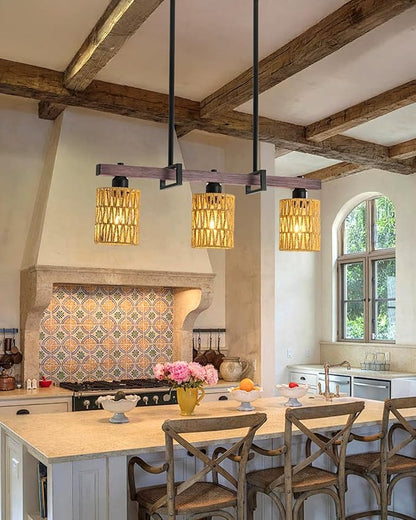 3-Light Kitchen Island Light Fixture, Linear Chandelier for Dining Room, Rustic Pendant Light Over Table, Handmade Woven Farmhouse Wicker Chandelier, Dark Wood Finish for Kitchen Island