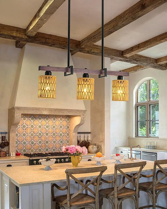3-Light Kitchen Island Light Fixture, Linear Chandelier for Dining Room, Rustic Pendant Light Over Table, Handmade Woven Farmhouse Wicker Chandelier, Dark Wood Finish for Kitchen Island