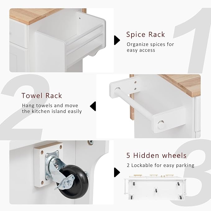 Merax 59.3" White Kitchen Island with Storage, 2 Pull Out Cabinet Organizers & Rubber Wood Drop Leaf, Rolling Island Table with Trash Can Storage, Power Outlet, Spice & Towel Rack for Kitchen Dining