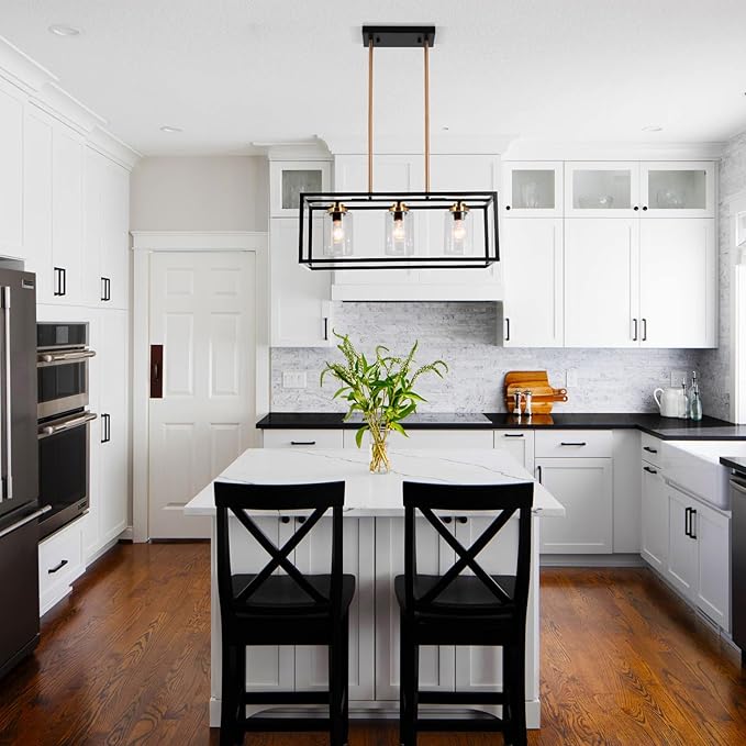 Black Farmhouse Kitchen Island Lighting, Modern Industrial Chandelier, 3-Light Linear Rectangular Pendant Light Fixtures for Farmhouse Kitchen Dining Room Bar Foyer(Metal, Height Adjustable)