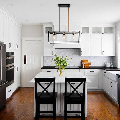 Black Farmhouse Kitchen Island Lighting, Modern Industrial Chandelier, 3-Light Linear Rectangular Pendant Light Fixtures for Farmhouse Kitchen Dining Room Bar Foyer(Metal, Height Adjustable)