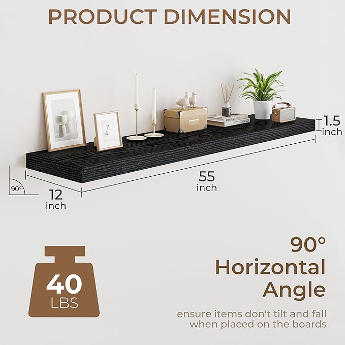 RICHFOCUS Deep Floating Shelves for Wall 2 Pack 12" D 55 Inch Wall Shelves for Room Wall|Wood Hanging Shelf with Invisible Brackets for Bathroom Bedroom Kitchen Laundry Room, Black
