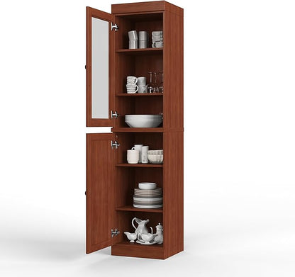 Palace Imports Solid Wood Kitchen Pantry - Narrow Storage Cabinet - 16.5" Wide x 71.5" Tall - 1 Raised Panel & 1 Glass Door, Mocha, Adjustable Shelves, 100% Eco-Friendly Wood, Modular Cabinets