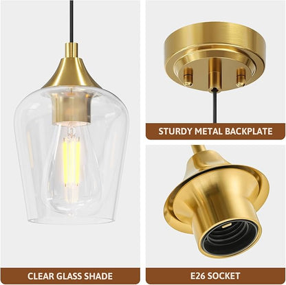 VONLUCE Pendant Lights Kitchen Island, Brushed Gold Pendant Light Fixtures with E26 Base & Adjustable Cable, Modern Pendant Lighting with Glass Shade for Living Room Bedroom Hallway, 2 Packs