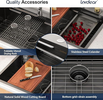 Lordear Waterfall Sink 33 Inch Gunmetal Black Drop In Kitchen Sink 16 Gauge 33x22 Workstation Stainless Steel Single Bowl 33x22x10 Inch With Pull Out Faucet Set, Integranted Control Temp & Functions