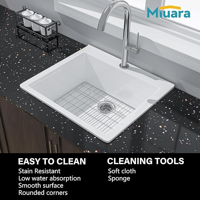 Miuara White Kitchen Sink Drop In 24 Inch 1 Hole - Small Topmount Fireclay Bar Sink 24"x22"x10" Single Bowl, with 2 Custom Accessories, Glossy White, for Kitchen & Laundry & Outdoor & Small Space