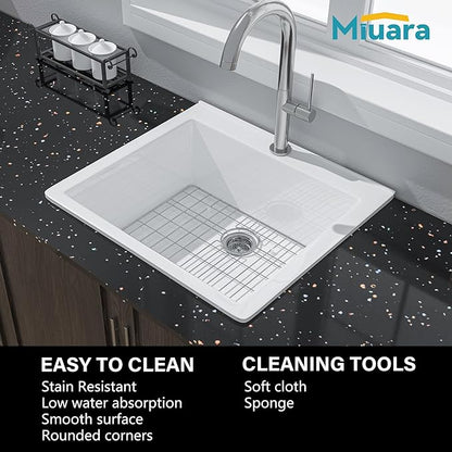 Miuara White Kitchen Sink Drop In 24 Inch 1 Hole - Small Topmount Fireclay Bar Sink 24"x22"x10" Single Bowl, with 2 Custom Accessories, Glossy White, for Kitchen & Laundry & Outdoor & Small Space