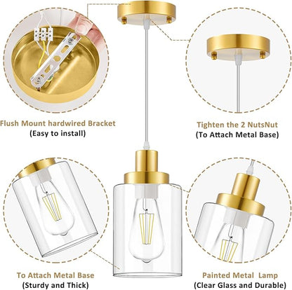 Industrial Pendant Lighting, Modern Clear Glass Shade Pendant Lights, Adjustable Hanging Light Fixtures, Farmhouse Pendant Lighting for Kitchen Island Living Room Bedroom Hallway 3-Pack (Gold)