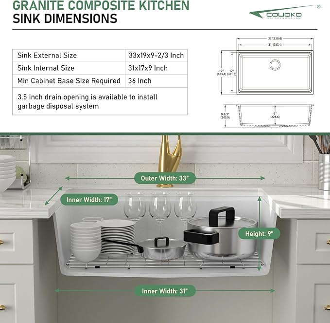 33 Inch White Undermount Kitchen Sink Workstation - Couoko 33x19 White Granite Composite Undermount Sink Quartz Classic Under Counter Single Bowl Kitchen Sinks Basin with Luxury Accessories