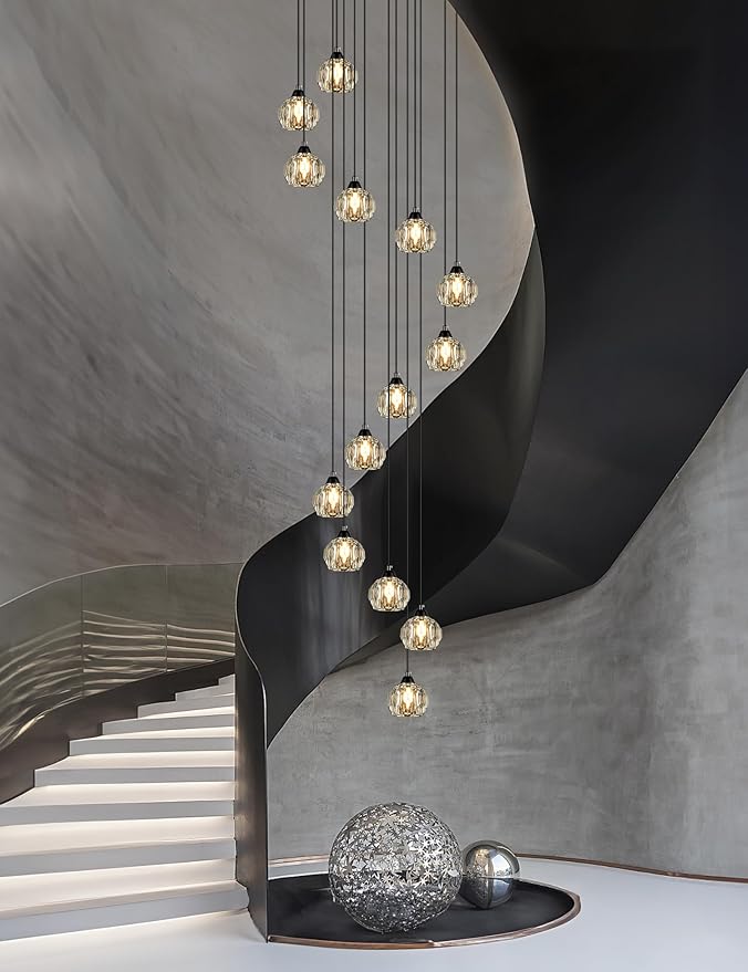 Weesalife Crystal Chandeliers for Staircases, 14-Light Black Modern Chandeliers for High Ceilings，Crystal Pendant Light Fixture for Living Room Kitchen Island Foyer Hallway Bar