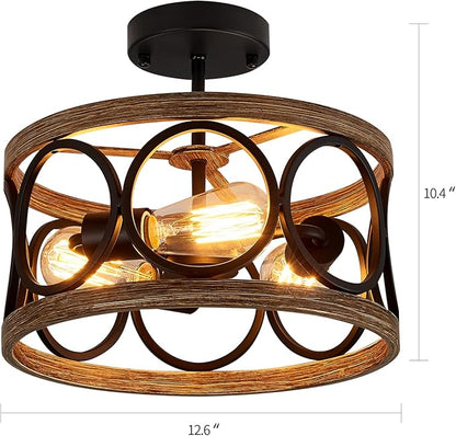 MEIXISUE Semi Flush Mount Modern Farmhouse Ceiling Light Fixtures,3-Lights Black and Retro Wood Finish,Drum Shade Rustic Light Fixtures for Entryway Hallway Foyer Kitchen Dining Room Bedroom