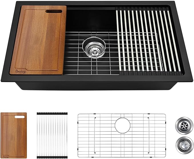 Davivy 33 Inch Black Granite Kitchen Sink Workstation, 33 x 19 Black Undermount Kitchen Sink, Dual Mount Installation, Deep Quartz Composite Single Bowl with Accessories