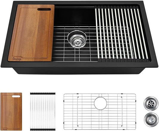 Davivy 33 Inch Black Granite Kitchen Sink Workstation, 33 x 19 Black Undermount Kitchen Sink, Dual Mount Installation, Deep Quartz Composite Single Bowl with Accessories
