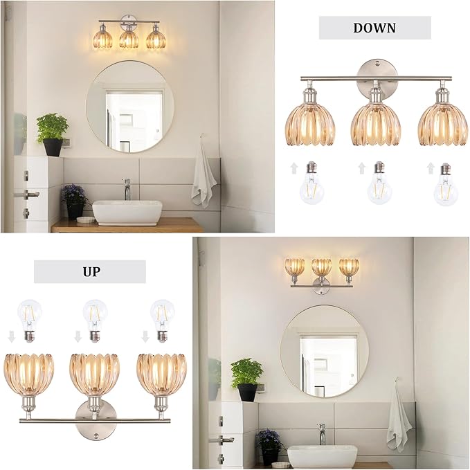 Shenmoyl Bathroom Light Fixtures, 3-Light Vanity wall Light Over Mirror with Amber Tulip Glass Shade for Bedroom Living Room (Bulb Not Included), Satin Nickel