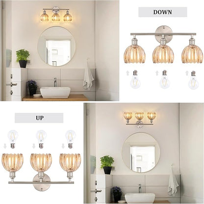 Shenmoyl Bathroom Light Fixtures, 3-Light Vanity wall Light Over Mirror with Amber Tulip Glass Shade for Bedroom Living Room (Bulb Not Included), Satin Nickel