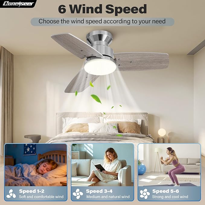 42 Inch Ceiling Fans with Lights and Remote, Bedroom Living Room Office, Flush Mount, 3CCT Dimmable, Dual Color 3 Blades 6 Speed Reversible Quiet DC Motor, Chrome-Plated/Wood Grain