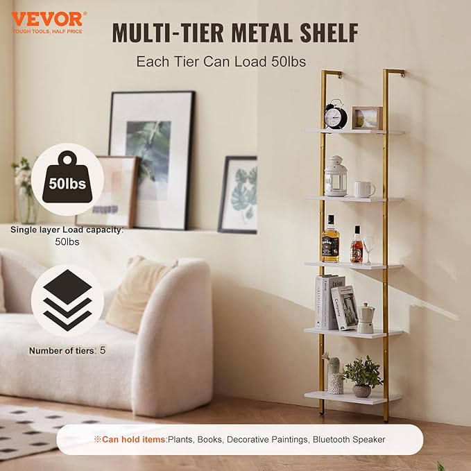 VEVOR Ladder Shelf, 5-Tier Bookshelf 15.6x11.8in, Open Wall-Mounted Ladder Shelf with Metal Frame,Storage Rack Sundries Holder for Kitchen Bedroom Bathroom Living Room, Gold White