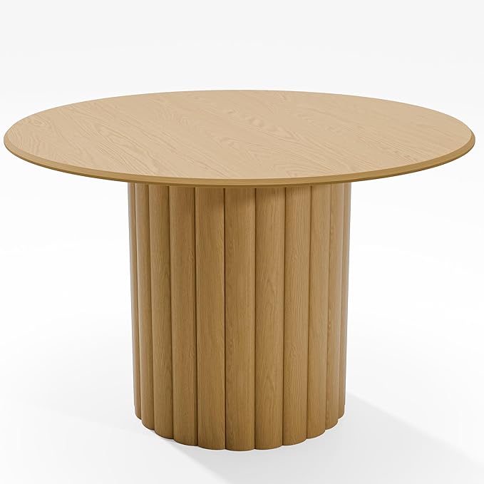 Casaphoria 46" Round Dining Table, Modern Wood Kitchen Table with Cylindrical Wide Bar Protruding Base for Living Room & Dining Room, Easy Assembly Farmhouse Furniture for 4-6, Oak