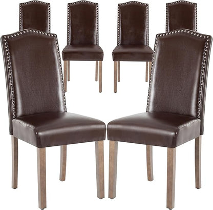 Upholstered Dining Chair Modern Stylish Parsons Kitchen Diner High Back with Silver Nailhead Trim & Wood Legs, Set of 6, PU Leather Dark Brown
