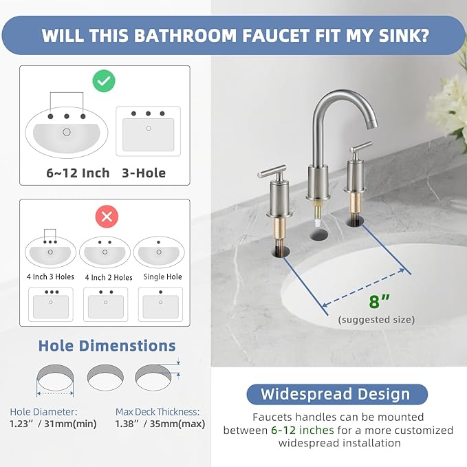 VXV Brushed Nickel Bathroom Faucet 3 Hole Widespread with Easy Installation, 2-Handle 8 Inch Bathroom Sink Faucet 360° Swivel Spout, Pre-Attached Hoses & Drain Included, Vanity Faucet for Bath Sink