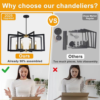 27.6" Modern Chandelier, 8-Light Geometric Dining Room Light Fixture Over Table, Farmhouse Kitchen Island Lighting, Industrial Black and Gold Hanging Pendant Lights for Foyer, Hallway, Entryway