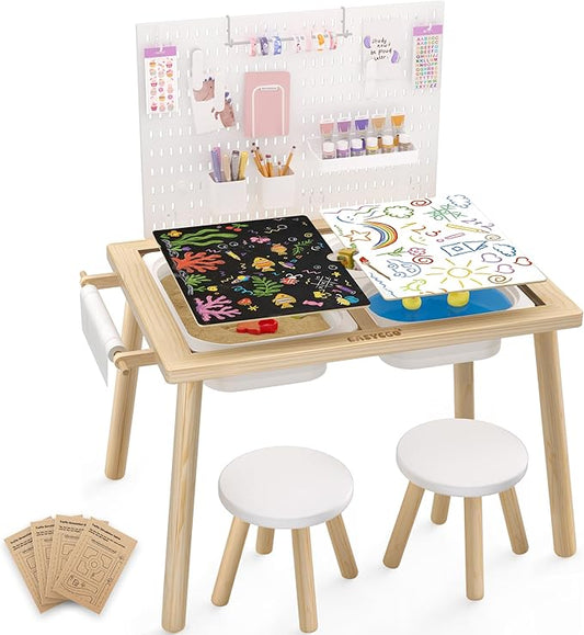 Easyego Sensory Table for Toddlers Kids Play Wooden Sand Water Table with Can DIY Creation Pegboard & Foldable Storage Bins for Indoor and Outdoor Use, Birthday Gifts for Boys and Girls - Wood Color