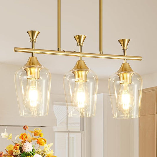 21.2" Dining Room Light Fixture/Chandelier Over Table, 3-Light Brushed Gold Kitchen Island Lighting with Clear Glass Shade, Modern Hanging Pendant Lights Fixture for Kitchen Island, Dining Room, Bar