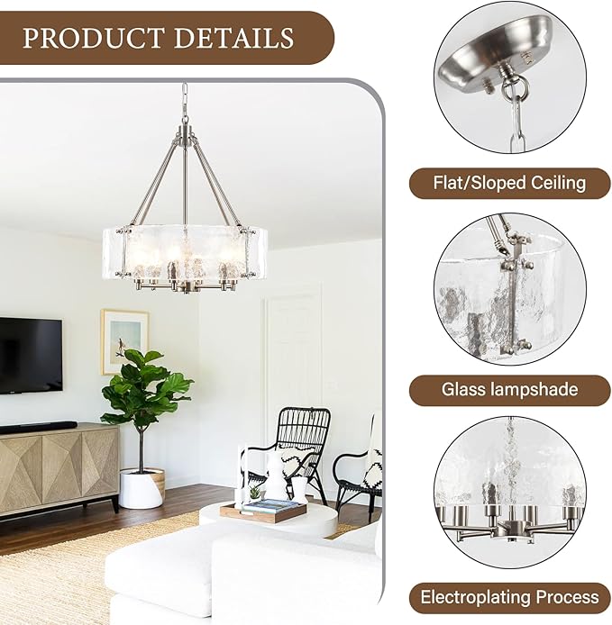 Modern Brushed Nickel Glass Chandelier for Dining Room,19.69 inch Textured Crystal Drum Farmhouse Chandelier Light Fixture for Dining Room Kitchen Island Living Room Bedroom Foyer