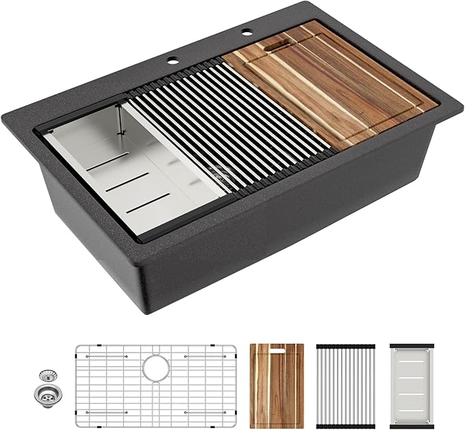 Sarlai Granite Composite Kitchen Sink - 33"x22" Drop In Kitchen Sink Matte Black Ledge 33 Inch Workstation Granite Quartz Composite Top-Mount Single Bowl Sinks Basin with Accessories