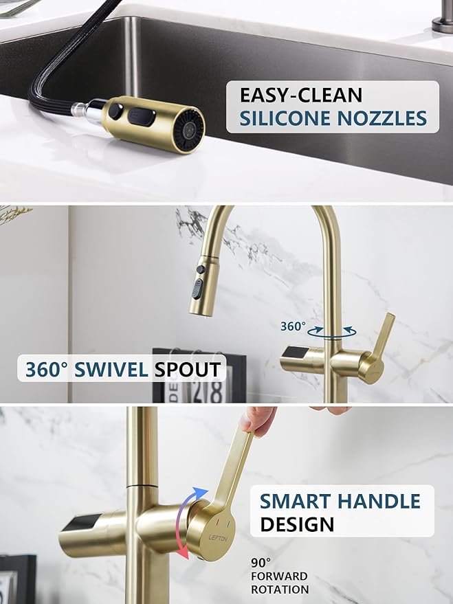 Lefton Touchless Pull-Out Kitchen Faucet, Hands Free Motion Sensor Activated, Battery-Free Temperature Display, KF2206 (Contemporary, Brushed Gold)