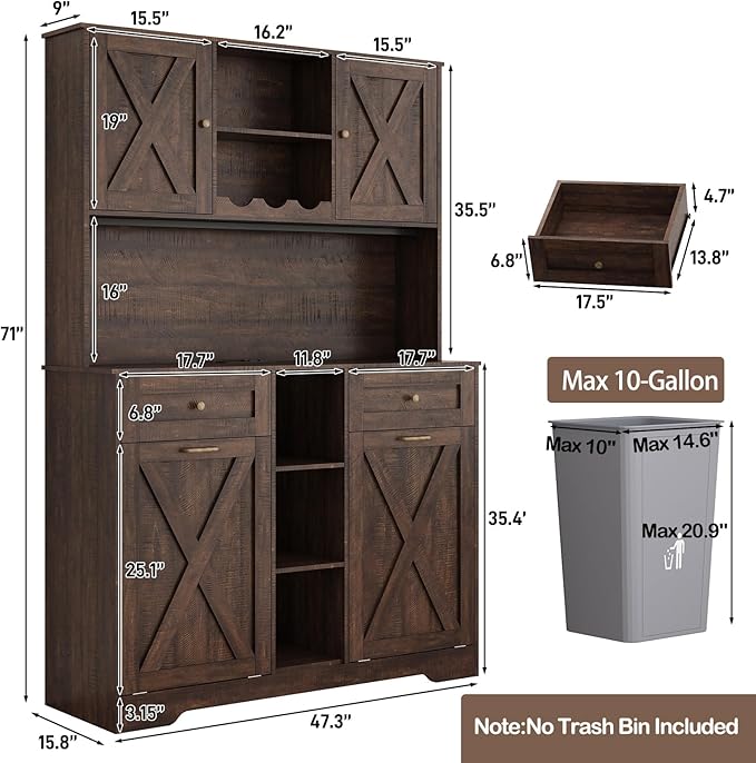 71" Tall 47"Wide Kitchen Pantry Storage Cabinet with Power Outlets,Farmhouse Kitchen Double Tilt Out Trash Cabinet 10X2 Gallon Garbage Holder with Two Drawers,Freestand Laundry Sort Cabinets(Brown)