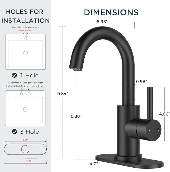 FORIOUS Black Bathroom Faucet 1 or 3 Hole Sink Single Handle, 360° Swivel Gooseneck Spout, Matte Finsh, Leak-Free, with cUPC Supply Line and Metal Pop Up Drain, Suitable for Bar Kitchen RV Vanity