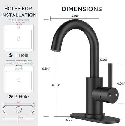 FORIOUS Black Bathroom Faucet 1 or 3 Hole Sink Single Handle, 360° Swivel Gooseneck Spout, Matte Finsh, Leak-Free, with cUPC Supply Line and Metal Pop Up Drain, Suitable for Bar Kitchen RV Vanity