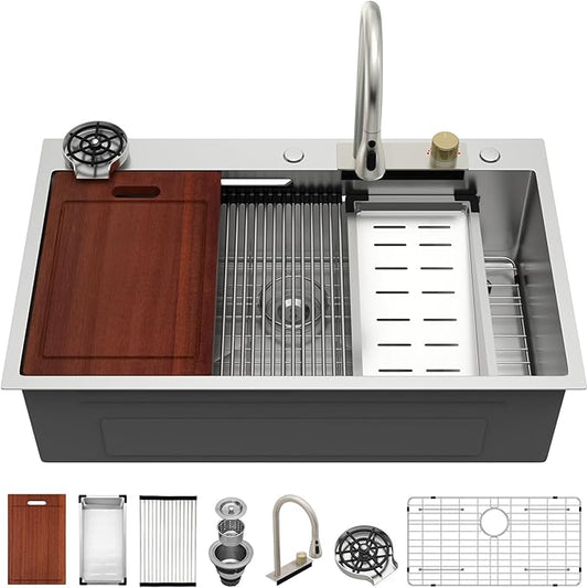 Sarlai 36 Inch Waterfall Kitchen Sink Workstation - 36x22 Waterfall Drop In Sink Stainless Steel 16 Gauge Sink Multifunction Single Bowl Smart Top Mount Kitchen Sinks with Faucet Combo
