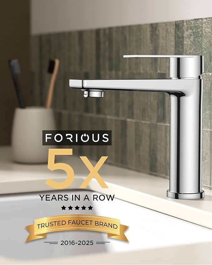 FORIOUS Polished Chrome Bathroom Faucet 1 Hole, Single Handle Single Hole Bathroom Faucet Chrome with Deck Plate and Pop Up Drain, CUPC Hoses for One Handle Vanity Sink, Rv, Camper