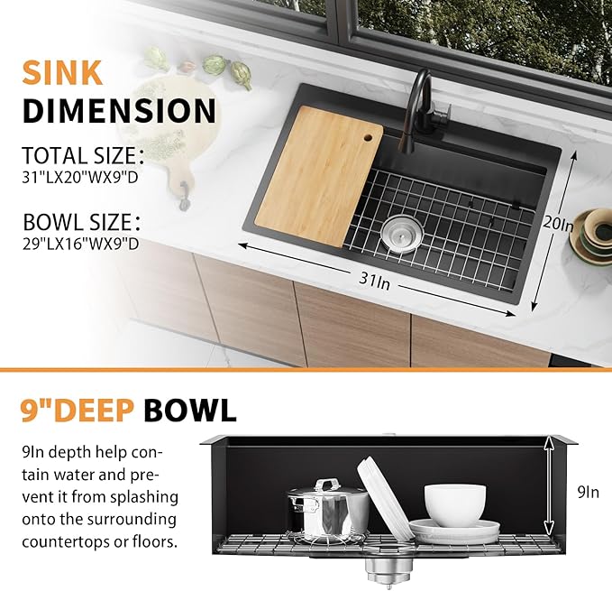 Black 31x20In Kitchen Sink Workstation-Stainless Steel Drop In Single Bowl Built-in Ledge Topmount Workstation Sink For Placing/Sliding Accessory-Cutting Board,Drying Rack,Convenient And Functional
