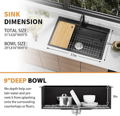Black 31x20In Kitchen Sink Workstation-Stainless Steel Drop In Single Bowl Built-in Ledge Topmount Workstation Sink For Placing/Sliding Accessory-Cutting Board,Drying Rack,Convenient And Functional