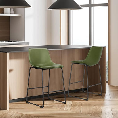 DUMOS 26 Inch Counter Height Bar Stools Set of 2, Modern Faux Leather High Barstools with Back and Metal Leg, Bar Chairs for Kitchen Island, Green