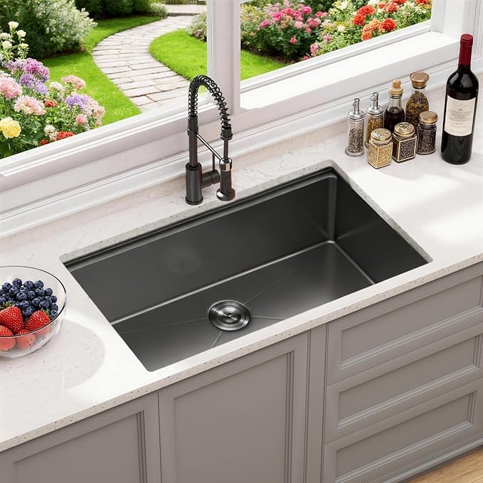 32" Black Stainless Steel Workstation Kitchen Sink, Large Single Bowl Drop-In Undermount Farmhouse Sink (Black, 3219)