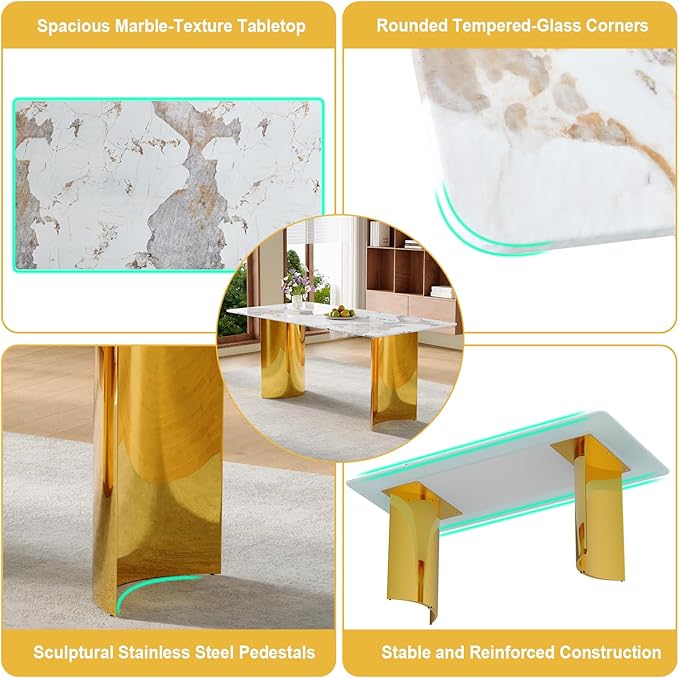 gopop Modern Dining Table for 6,71'' Faux Marble Kitchen Table with Gold Stainless Steel Base,Rectangular Gold Dinner Table Ideal for Kitchen Home Office