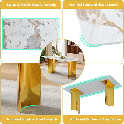 gopop Modern Dining Table for 6,71'' Faux Marble Kitchen Table with Gold Stainless Steel Base,Rectangular Gold Dinner Table Ideal for Kitchen Home Office