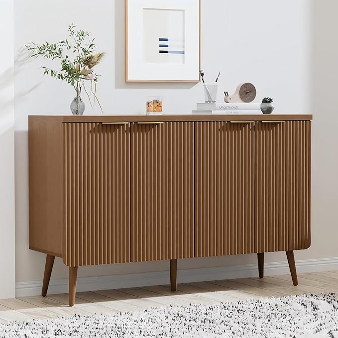 Walnut 47.2" Modern Fluted Wood Sideboard – 4-Door Buffet Cabinet with Adjustable Shelves, Multi-Space Storage Credenza for Living Room, Dining Room & Entryway