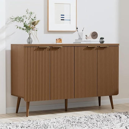 Walnut 47.2" Modern Fluted Wood Sideboard – 4-Door Buffet Cabinet with Adjustable Shelves, Multi-Space Storage Credenza for Living Room, Dining Room & Entryway